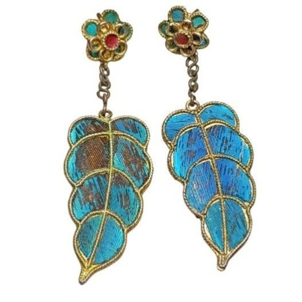 Vintage Kingfisher Blue Feather Dangle Earrings - Picture 6 of 12